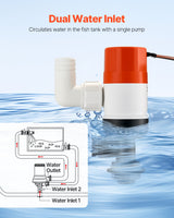 VEVOR Livewell Pump for Boat 12V 500 GPH Livewell Aerator Pump Straight 2 Inlets