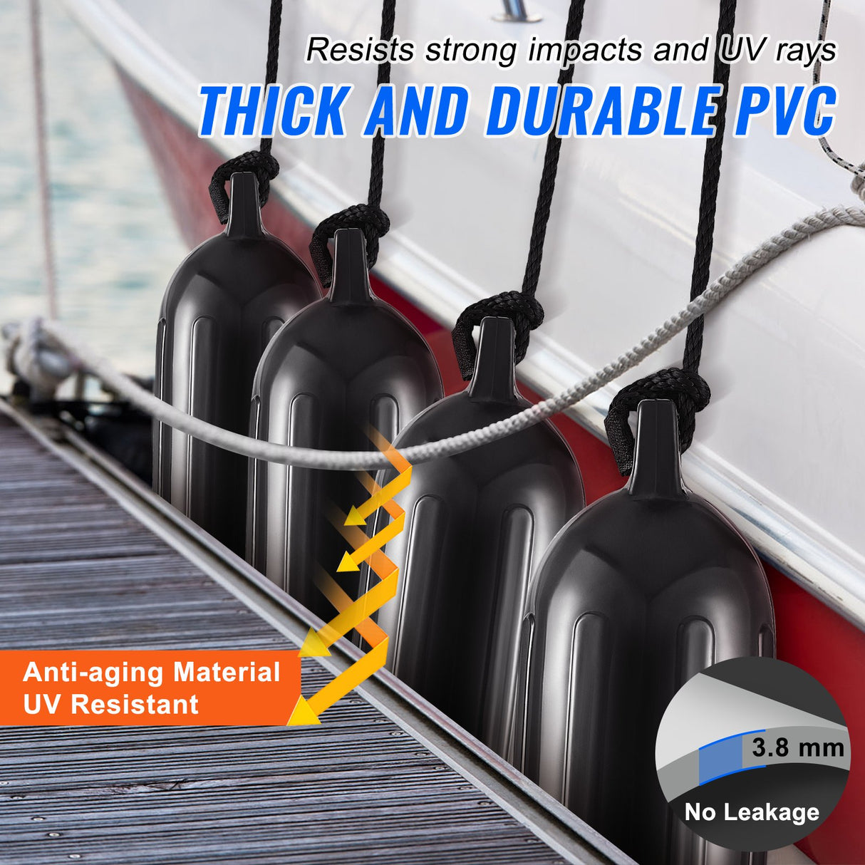 VEVOR Boat Fenders, 6.5" x 23" Boat Bumpers for Docking, Inflatable Ribbed Fender with Center Holes, Marine Boat Dock Fender Bumper with Air Pump, 4