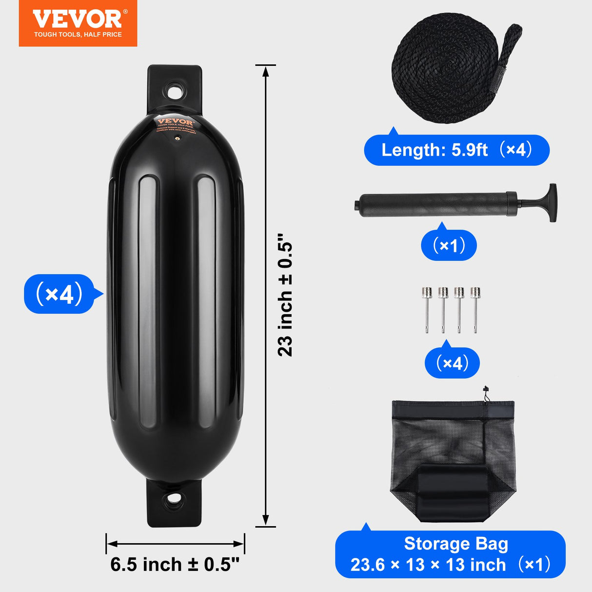 VEVOR Boat Fenders, 6.5" x 23" Boat Bumpers for Docking, Inflatable Ribbed Fender with Center Holes, Marine Boat Dock Fender Bumper with Air Pump, 4