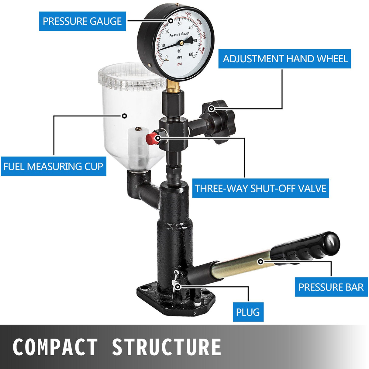 Diesel Injector Nozzle 
Pressure Tester Dual scale Manometer Test Tool 0-600Bar (0-8000PSI) 
60Mpa Test Pressure High Configuration
