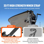 Hand Winch, 725.7 kg Pulling Capacity, Boat Trailer Winch Heavy Duty Rope Crank with 10 m Polyester Strap and Two-Way Ratchet, Manual Operated Hand Crank Winch for Trailer, Boat or ATV Towing