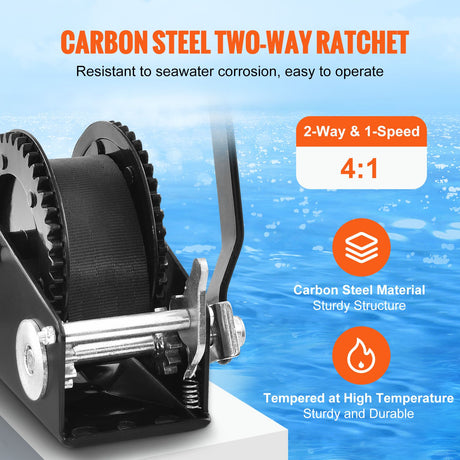 Hand Winch, 907.1 kg Pulling Capacity, Boat Trailer Winch Heavy Duty Rope Crank with 7 m Polyester Strap and, image 3