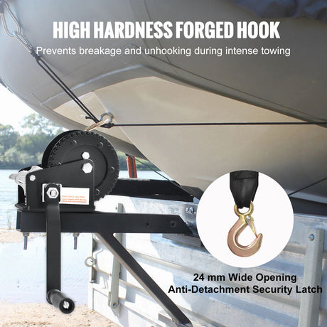 Hand Winch, 907.1 kg Pulling Capacity, Boat Trailer Winch Heavy Duty Rope Crank with 7 m Polyester Strap and, image 4