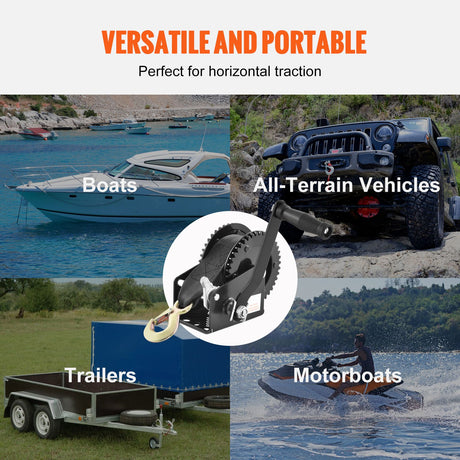 Hand Winch, 907.1 kg Pulling Capacity, Boat Trailer Winch Heavy Duty Rope Crank with 7 m Polyester Strap and, image 6