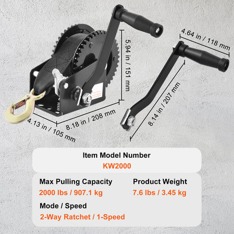 Hand Winch, 907.1 kg Pulling Capacity, Boat Trailer Winch Heavy Duty Rope Crank with 7 m Polyester Strap and, image 7