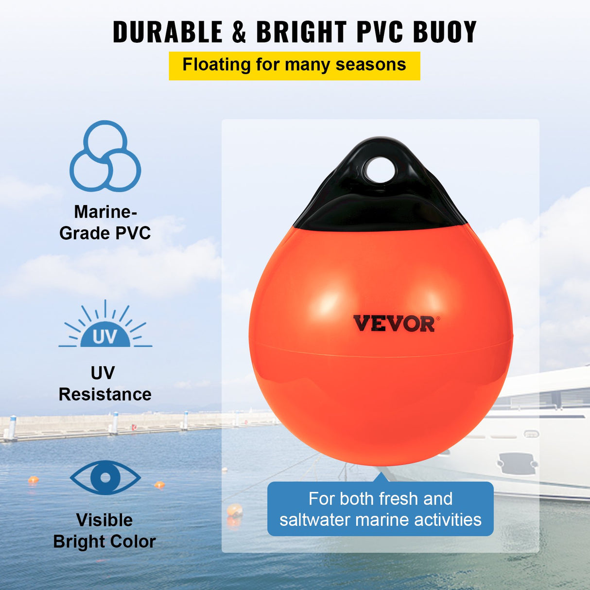 VEVOR Boat Buoy Balls, 15" Diameter Inflatable Heavy-Duty Marine-Grade PVC Marker Buoys, Round Boat Mooring Buoys, Anchoring, Rafting, Marking,
