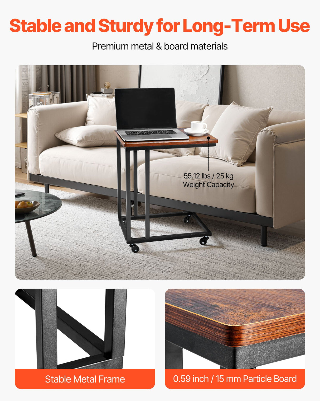 C Table, C Shaped Sofa Side Table with Metal Frame Rolling Casters, Portable C Shaped End Stand for Living Room Bedroom Office, 19.69 x 13.78 x 23.82 inches Laptop Side Tables, Brown and Black
