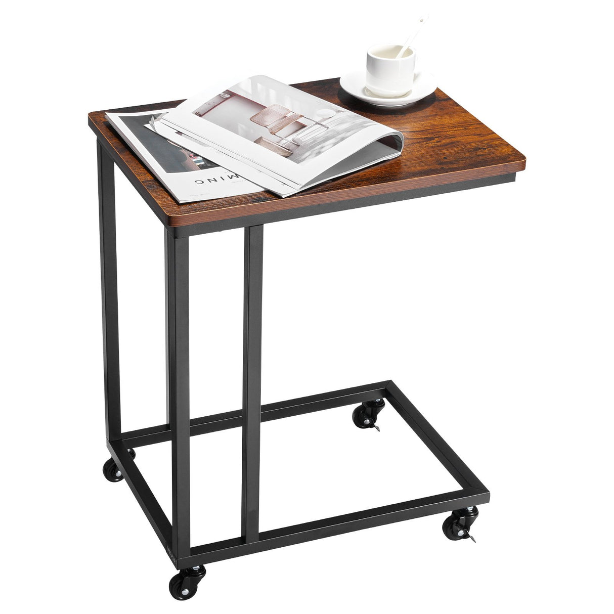 C Table, C Shaped Sofa Side Table with Metal Frame Rolling Casters, Portable C Shaped End Stand for Living Room Bedroom Office, 19.69 x 13.78 x 23.82 inches Laptop Side Tables, Brown and Black