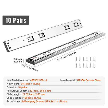 10 Pairs of 558.8mm Drawer Slides Side Mount Rails, Heavy Duty Full Extension Steel Track, Soft-Close, image 7