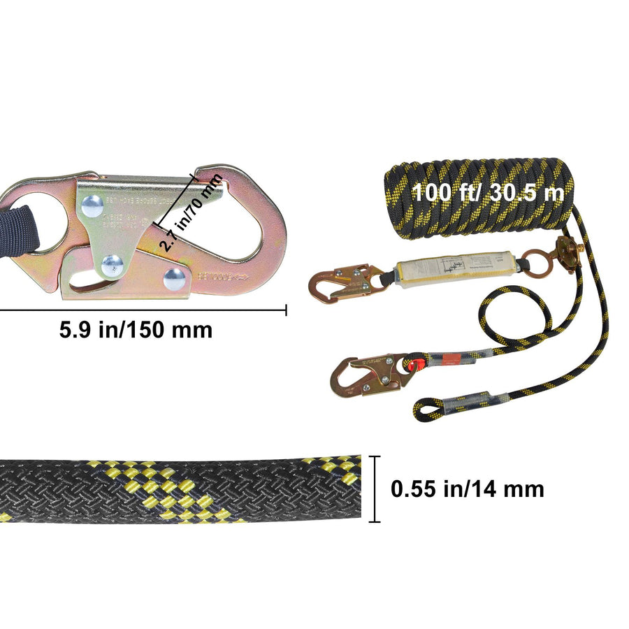Vertical Lifeline Assembly 0.55'' x 100' Fall Protection Rope 30 KN ANSI