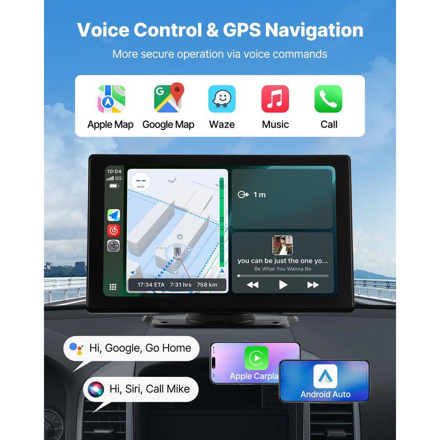 Wireless Car Stereo, 228.6mm HD Portable Radio Touch Screen with Apple CarPlay and Android Auto, CarPlay Screen with Front & Backup Cameras, Voice Control, Mirror Link, Bluetooth, GPS Navigation