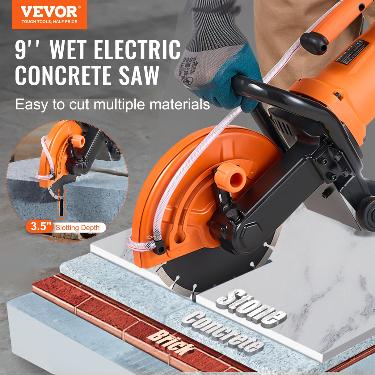 VEVOR Electric Concrete Saw, 9 in, 2000 W 15 A Motor Circular Saw Cutter with 3.5 in Cutting Depth,