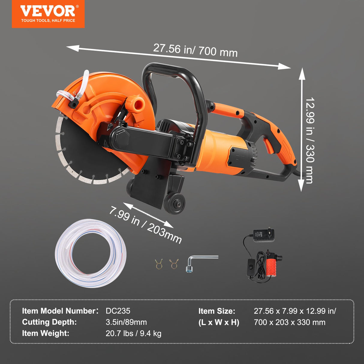 VEVOR Electric Concrete Saw, 9 in, 2000 W 15 A Motor Circular Saw Cutter with 3.5 in Cutting Depth, Wet/Dry Disk Saw Cutter Includes Water Line, Pump and Blade, for Stone, Brick