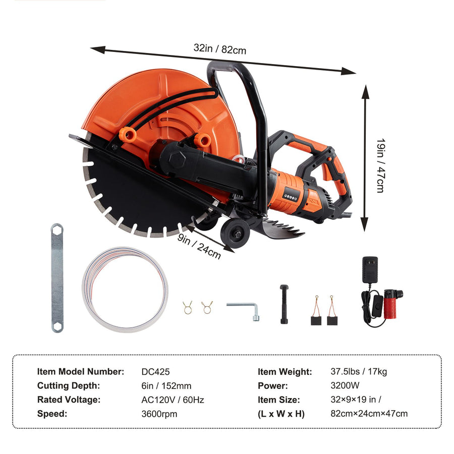 Electric Concrete Saw, 16 in, 2800 W 15 A Motor Circular Saw Cutter with Max. 6 in Adjustable Cutting Depth,, image 7