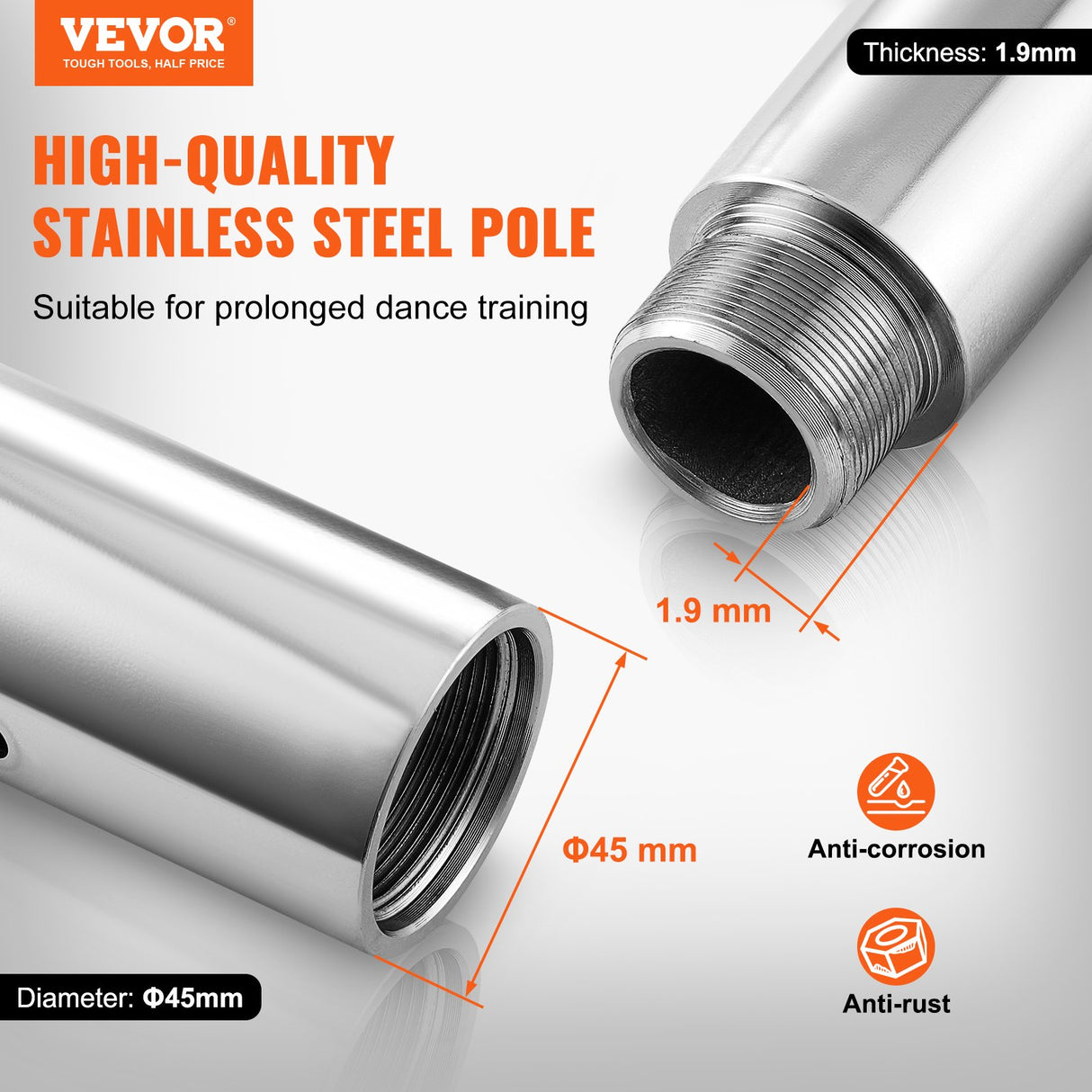 VEVOR Professional Dancing Pole, Spinning Static Dancing Pole Kit, Portable Removable Pole, 45mm Heavy-Duty Stainless Steel Pole, Height Adjustable