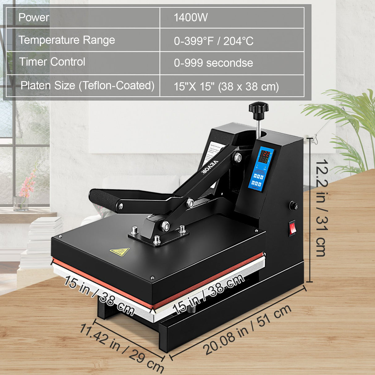 VEVOR Heat Press 15X15 Inch Heat Press Machine Industrial Quality Power T Shirt Heat Press Sublimation Machine Clamshell Heat Press Machine for T