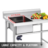VEVOR Handmade Sink Non-magnetic Stainless Steel Kitchen Sink Hand Made 1 Compartment 40.6 x 39.4 x 25.4 cm Capacity Huge Tub Sink with Right Hand Platform for Farmhouse Cafe Shop Hospital - Side View