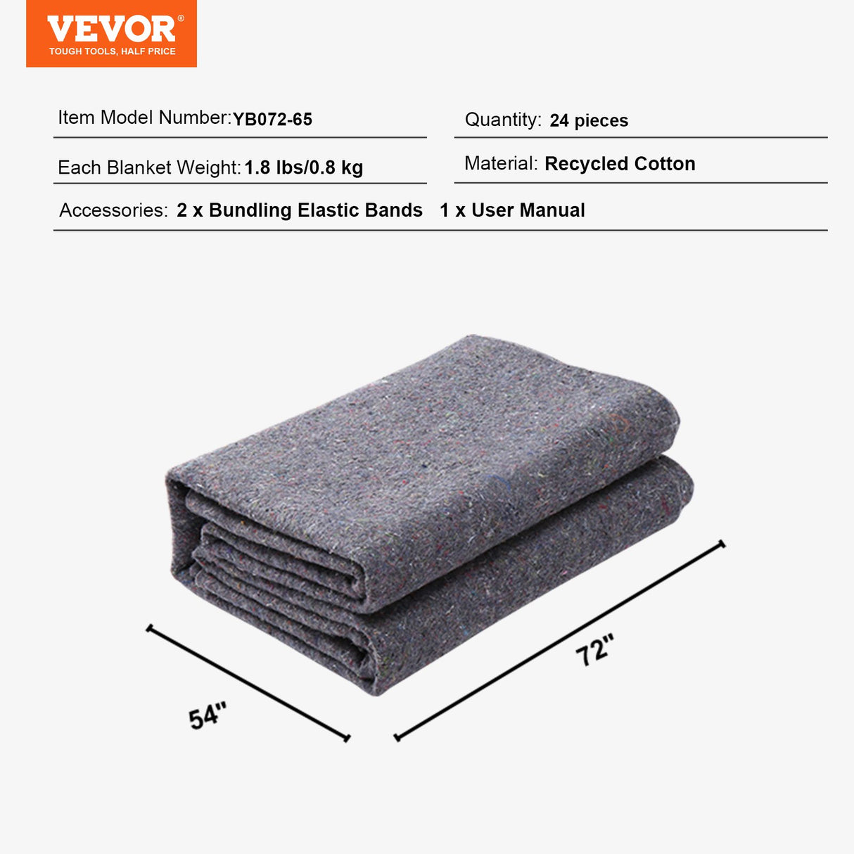 Moving Blankets, 72" x 54", 21 lbs/dz Weight, 24 Packs, Professional Recycled Cotton Packing Blanket, Large Heavy Duty Shipping Mover Pads Perfect for Protecting Furniture, Floors, Appliances