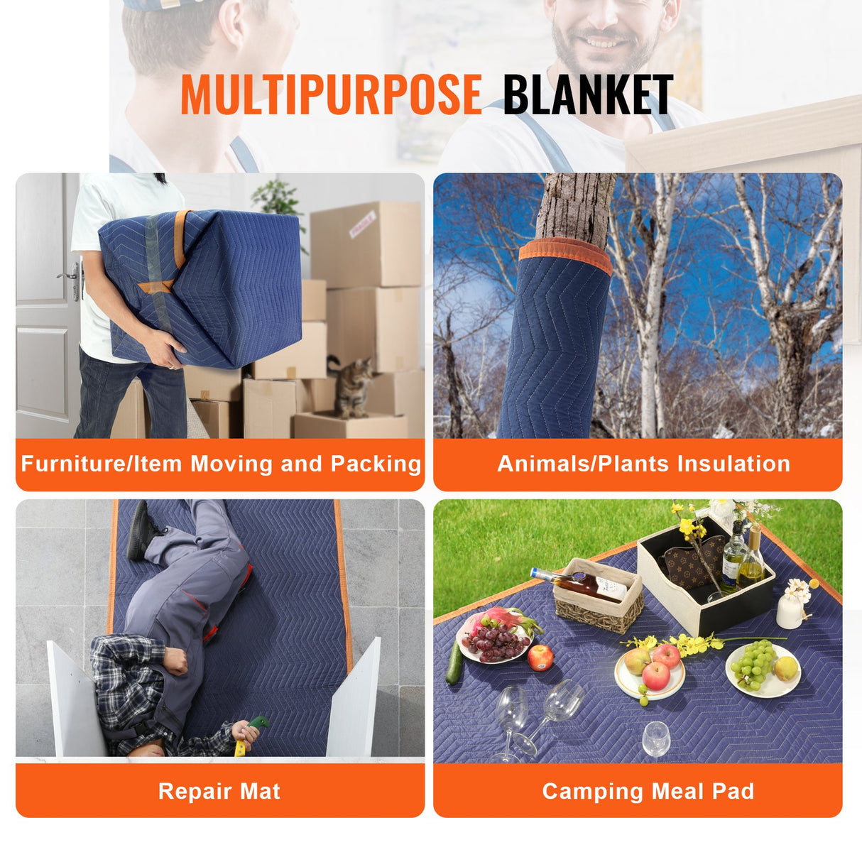VEVOR Moving Blankets, 2032 x 1829 mm, 15.6 kg/dz, 12 Packs, Professional Non-Woven & Recycled Cotton Packing Blanket, Heavy Duty Mover Pads for