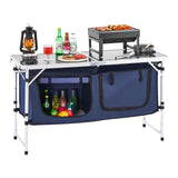 Camping Kitchen Table, Folding Outdoor Cooking Table, 3 Adjustable Height, Aluminum Lightweight Portable Cook Station with Storage Organizer, Carry Handle, for BBQ Party Picnic RV Travel, Blue