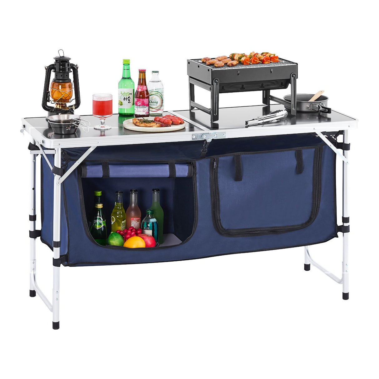 VEVOR Camping Kitchen Table, Folding Outdoor Cooking Table, 3 Adjustable Height, Aluminum Lightweight Portable Cook Station with Storage Organizer, Carry Handle, for BBQ Party Picnic RV Travel, Blue