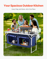 VEVOR Camping Kitchen Table, Folding Outdoor Cooking Table, 3 Adjustable Height, Aluminum Lightweight Portable Cook Station with Storage Organizer, Carry Handle, for BBQ Party Picnic RV Travel, Blue - Front View