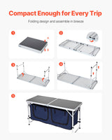 VEVOR Camping Kitchen Table, Folding Outdoor Cooking Table, 3 Adjustable Height, Aluminum Lightweight Portable Cook Station with Storage Organizer, Carry Handle, for BBQ Party Picnic RV Travel, Blue - 45-Degree Angle