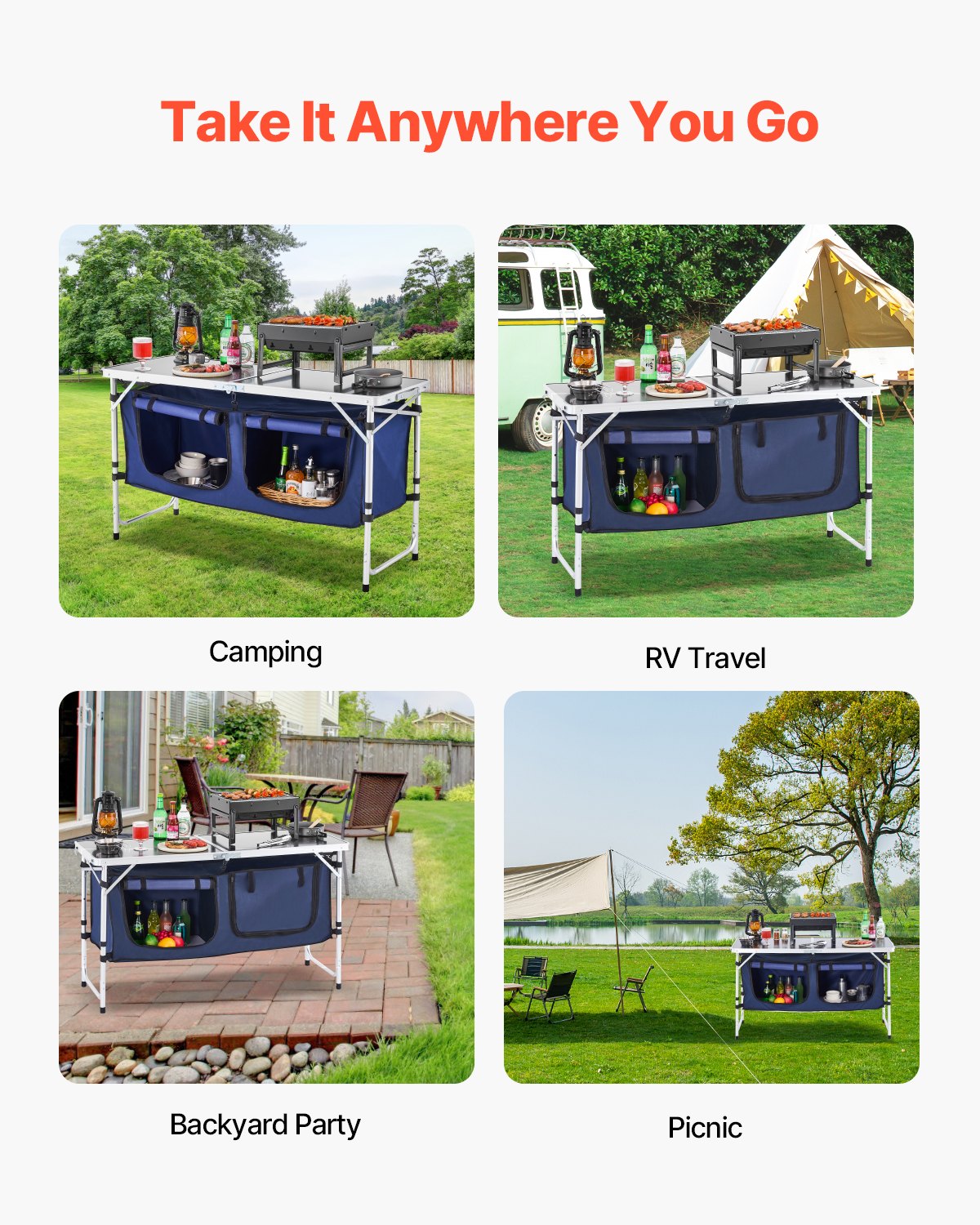 VEVOR Camping Kitchen Table, Folding Outdoor Cooking Table, 3 Adjustable Height, Aluminum Lightweight Portable Cook Station with Storage Organizer, Carry Handle, for BBQ Party Picnic RV Travel, Blue