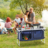 VEVOR Camping Kitchen Table, Folding Outdoor Cooking Table, 3 Adjustable Height, Aluminum Lightweight Portable Cook Station with Storage Organizer, Carry Handle, for BBQ Party Picnic RV Travel, Blue - Low Angle