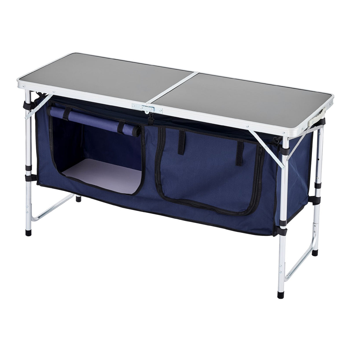 VEVOR Camping Kitchen Table, Folding Outdoor Cooking Table, 3 Adjustable Height, Aluminum Lightweight Portable Cook Station with Storage Organizer, Carry Handle, for BBQ Party Picnic RV Travel, Blue