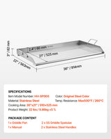 VEVOR 36x22 in Flat Top Griddle Stainless Steel Universal BBQ Grill Pan Cookware - Close-Up Angle