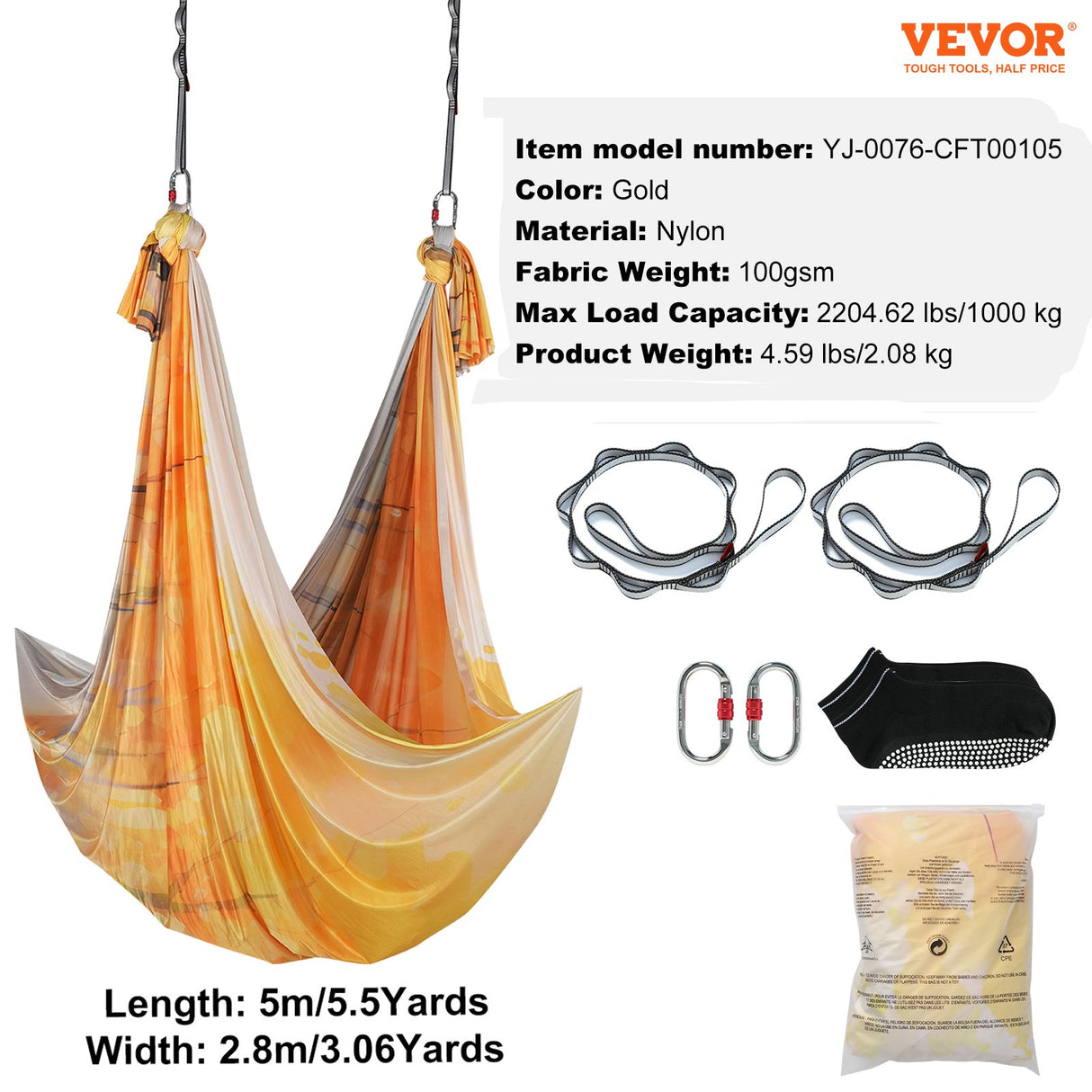 VEVOR Aerial Yoga Hammock & Swing, 5 m Length, Aerial Yoga Starter Kit with 100gsm Nylon Fabric, Full Rigging Hardware & Easy Set-up Guide,
