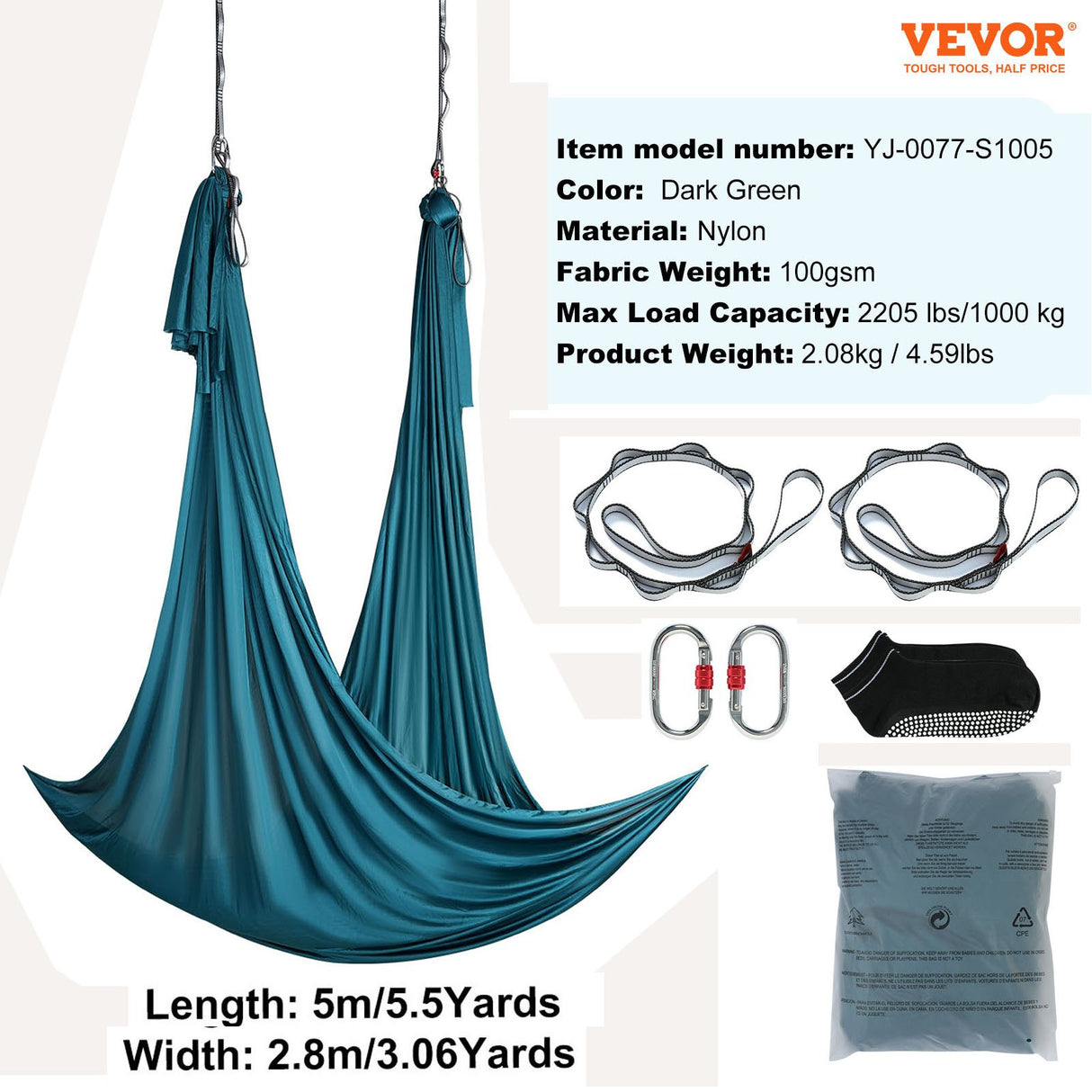 VEVOR Aerial Yoga Hammock & Swing, 5 m Length Aerial Yoga Starter Kit with 100gsm Nylon Fabric, Full Rigging Hardware & Easy Set-up Guide, Antigravity