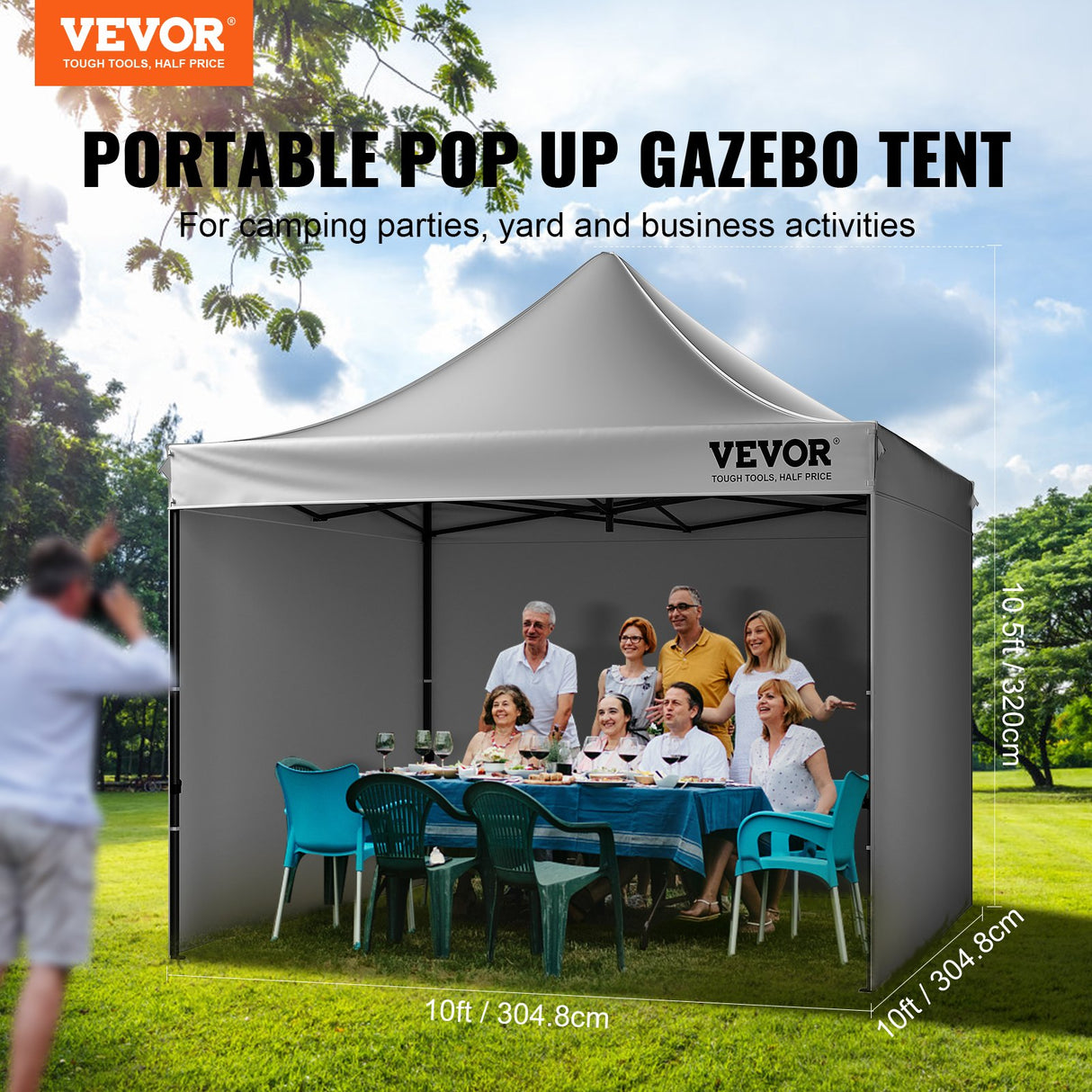 VEVOR  304.8 x 304.8 cm Pop up Canopy with Removable Sidewalls, Instant Canopies Portable Gazebo & Wheeled Bag, UV Resistant Waterproof, Enclosed Canopy Tent for Outdoor Events, Patio, Backyard, Party