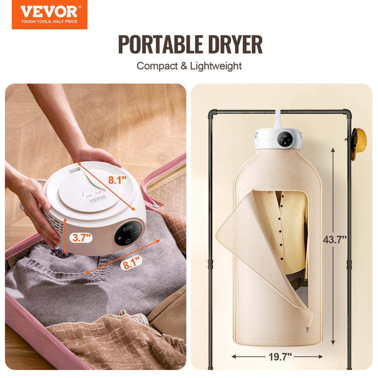 Portable Clothes Dryer, Clothes Dryer with Dryer Bag, PTC Heating & LED Display, Foldable Mini Dryer with 5-H Timer for Apartments, Dorms, RVs, or Hotels, 600W, Beige