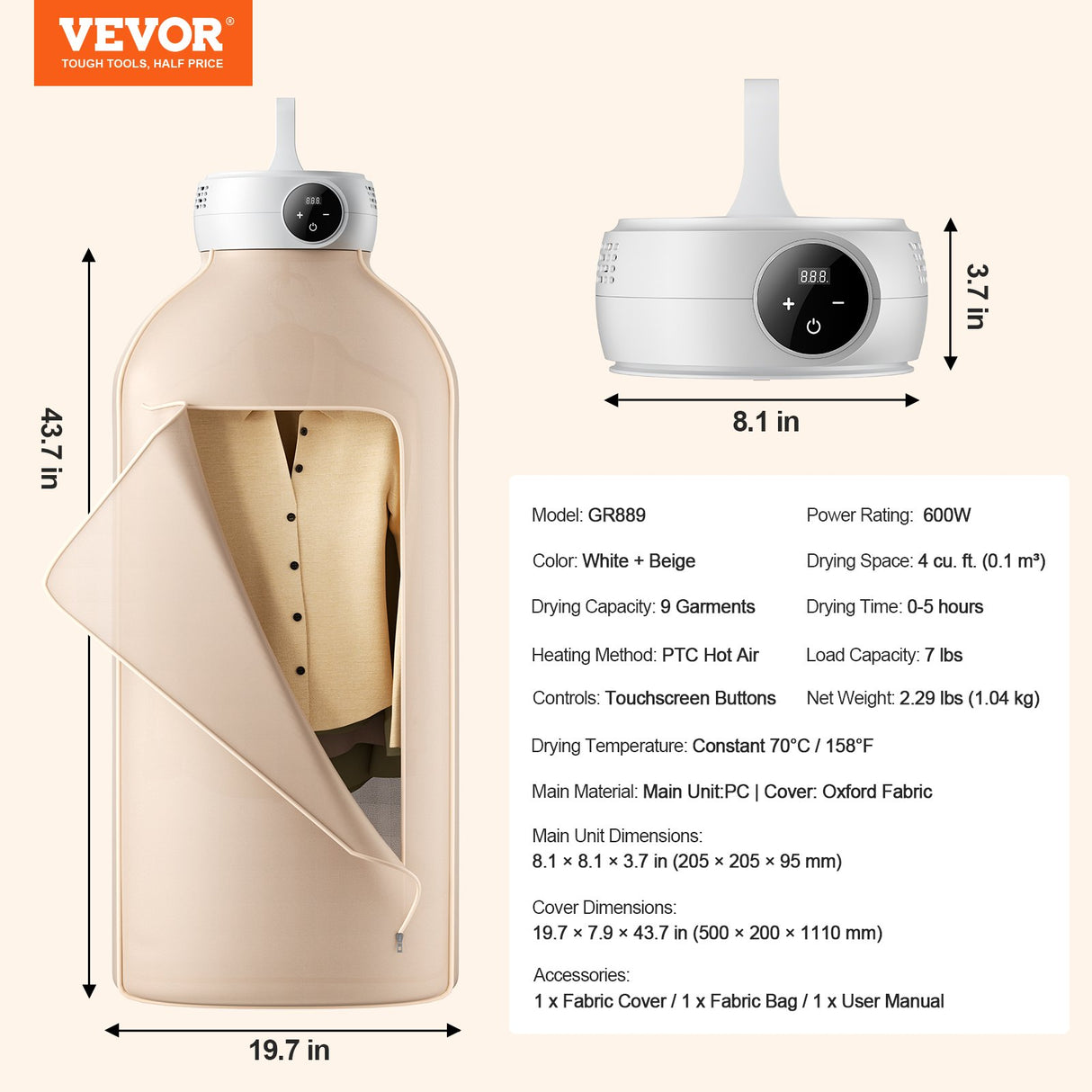 Portable Clothes Dryer, Clothes Dryer with Dryer Bag, PTC Heating & LED Display, Foldable Mini Dryer with 5-H Timer for Apartments, Dorms, RVs, or Hotels, 600W, Beige