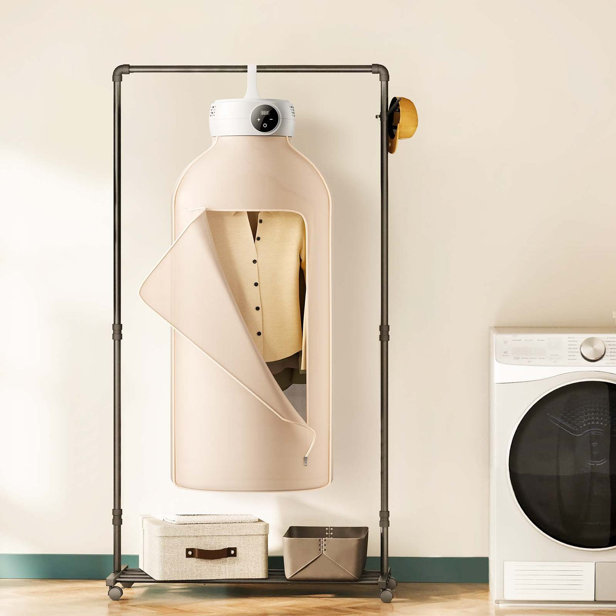 Portable Clothes Dryer, Clothes Dryer with Dryer Bag, PTC Heating & LED Display, Foldable Mini Dryer with 5-H Timer for Apartments, Dorms, RVs, or Hotels, 600W, Beige