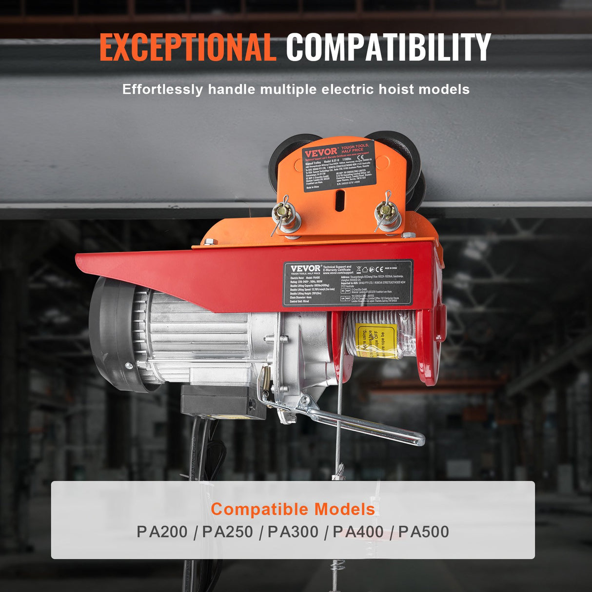 VEVOR Electric Hoist Manual Trolley, 0.5 Ton Load Capacity for PA200 PA250 PA300 PA400 PA500, Push Beam Trolley with Dual Wheels, 60 mm-120 mm Adjustable Beam Flange Width for Straight Curved I Beam