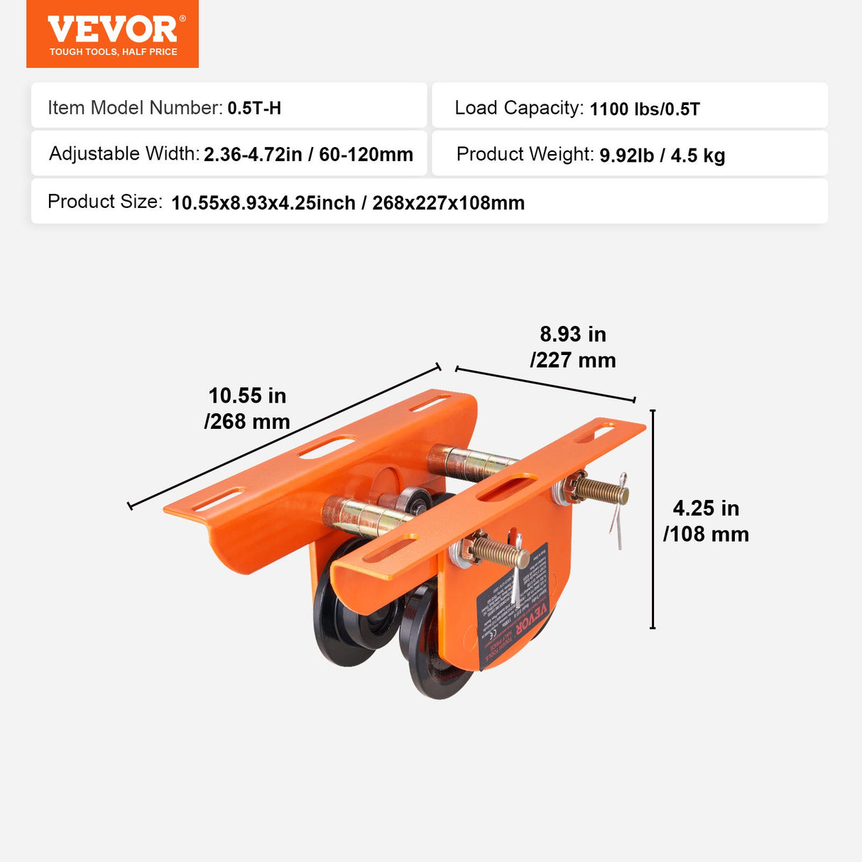 VEVOR Electric Hoist Manual Trolley, 0.5 Ton Load Capacity for PA200 PA250 PA300 PA400 PA500, Push Beam Trolley with Dual Wheels, 60 mm-120 mm Adjustable Beam Flange Width for Straight Curved I Beam