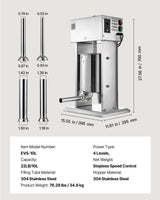 VEVOR Electric Sausage Stuffer, 22 LBS / 10 L Vertical Meat Stuffer, Stepless Speed Control and Foot Pedal, Stainless Steel Heavy Duty Sausage Filler with 4 Stuffing Tubes, for Commercial & Home Use - Close-Up Angle