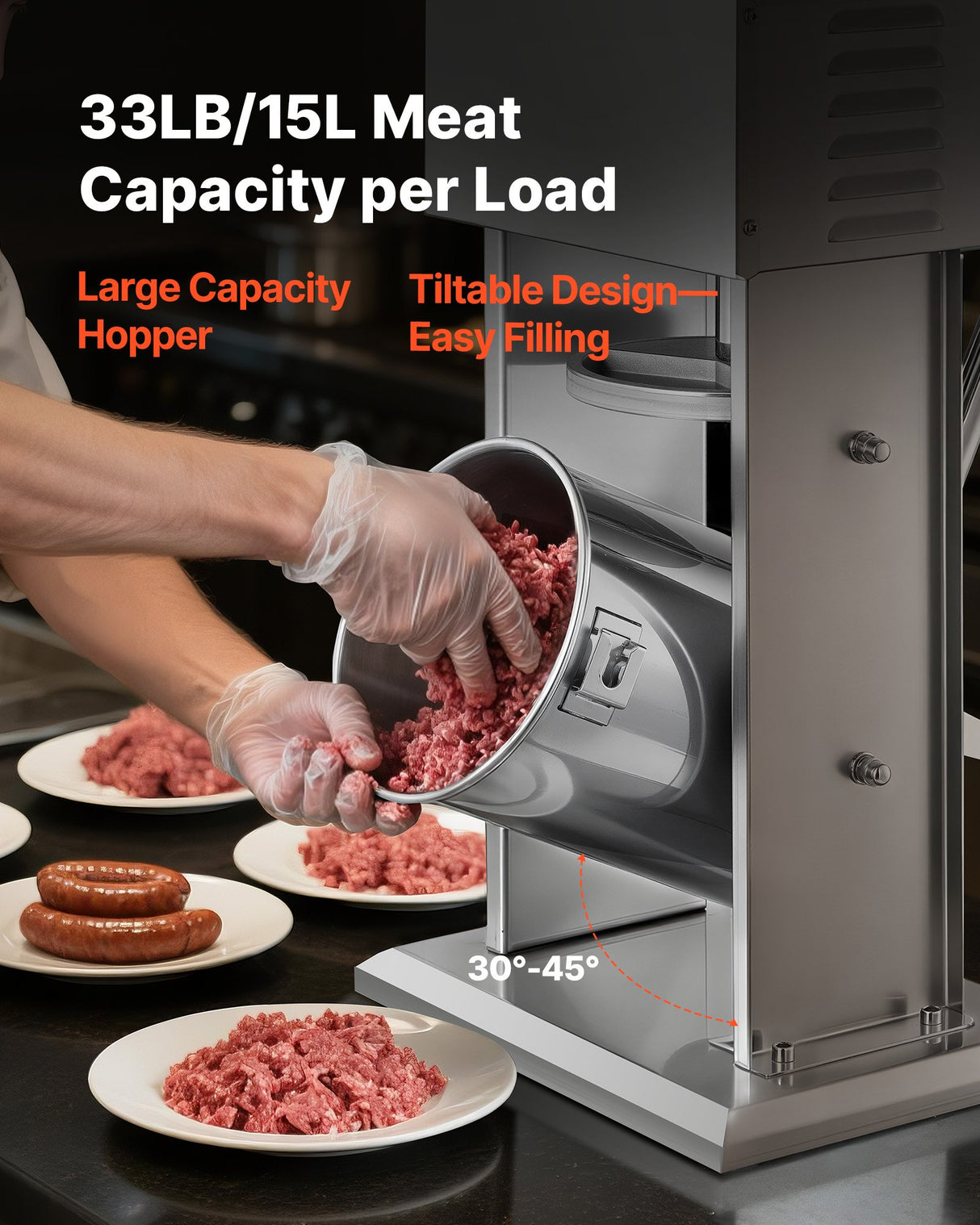 Electric Sausage Stuffer, 33 LBS / 15 L Vertical Meat Stuffer, Stepless Speed Control and Foot Pedal, Stainless Steel Heavy Duty Sausage Filler with 4 Stuffing Tubes, for Commercial & Home Use