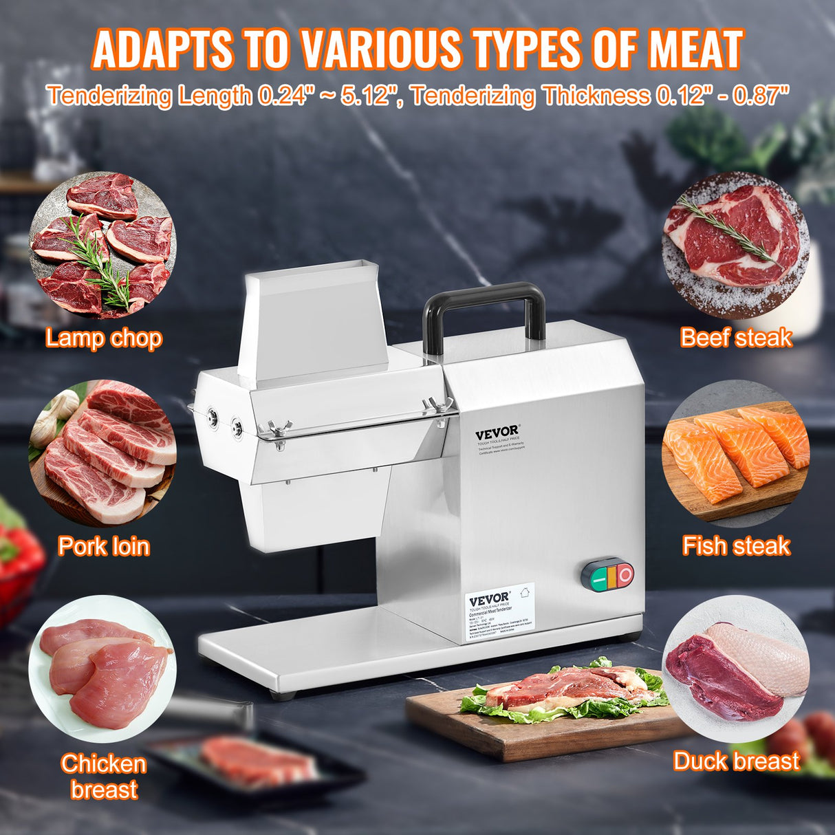 VEVOR Commercial Meat Tenderizer, Heavy Duty Stainless Steel Kitchen Tool with Handle, Meat Tong, and Cleaning Brush, 450W Electric Meat Tenderizer Machine for Beef, Turkey, Chicken, Pork, and Fish