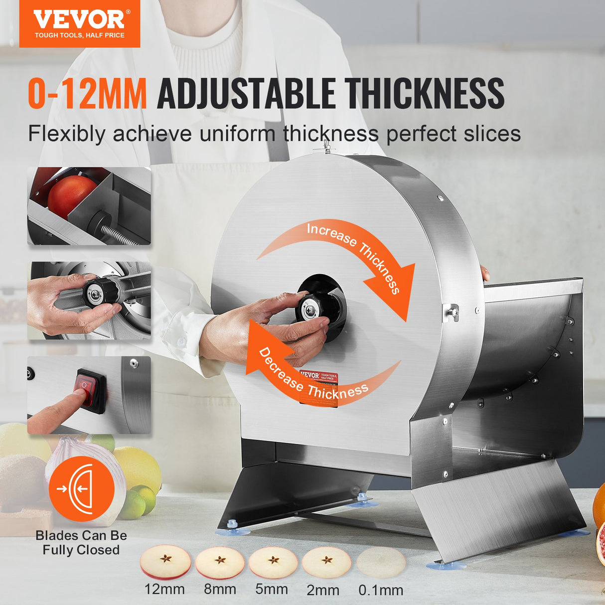 Electric Vegetable Slicer, 0-0.5"/0-12mm Thickness Adjustable Commercial Slicer Machine, Convertible to Manual, Stainless Steel Food Cutter Slicing Machine, Large Feed Port for Potato, Tomato