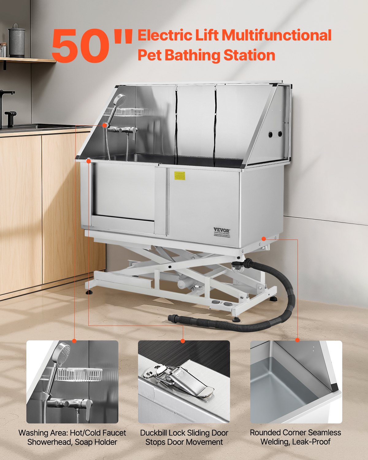 VEVOR 127 cm Electric Dog Grooming Bath Tub Stainless Steel w Water Filter Left