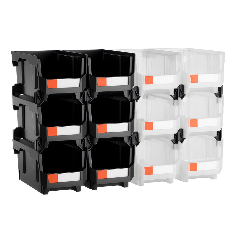 Plastic Stackable Storage Bins, 37.7 x 21.5 x 18 cm (12 Pack), Plastic Containers for Organizing & Storage Bins for Garage, Small Parts, Office Supplies, Other Accessories, Black & Transparent