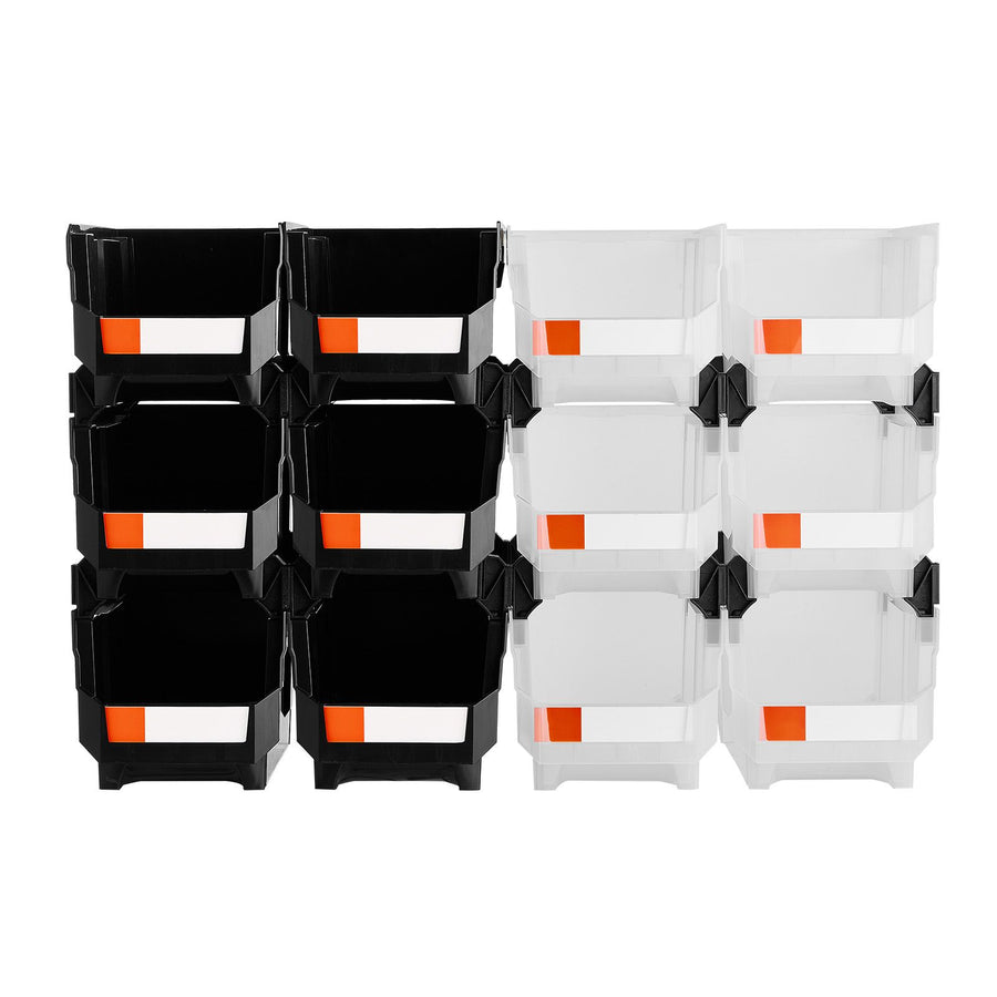 Plastic Stackable Storage Bins, 37.7 x 21.5 x 18 cm (12 Pack), Plastic Containers for Organizing & Storage Bins for Garage, Small Parts, Office Supplies, Other Accessories, Black & Transparent