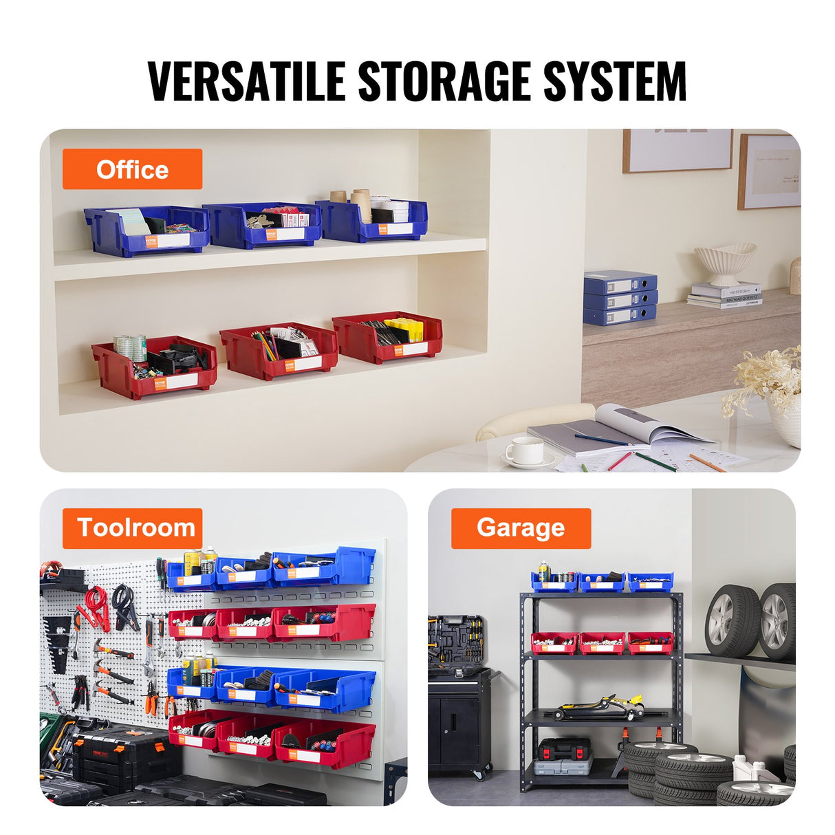 VEVOR Plastic Storage Bin, (276 mm x 279 mm x 128 mm), Hanging Stackable Storage Organizer Bin, Blue/Red, 6-Pack, Heavy Duty Stacking Containers for