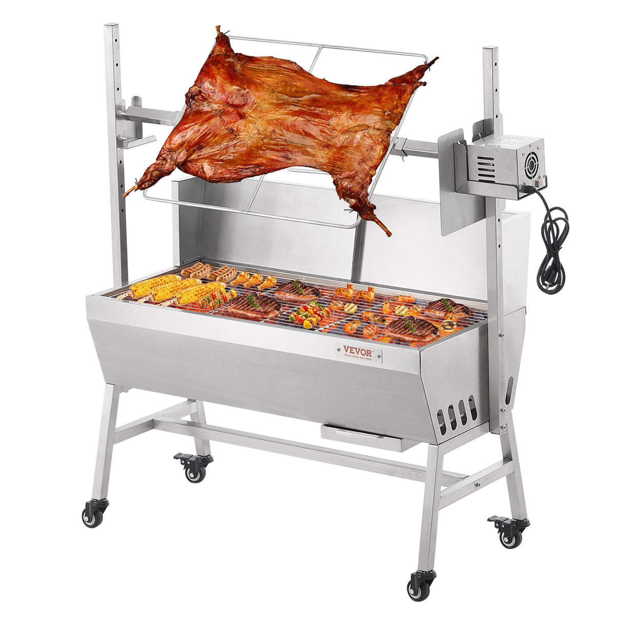 Rotisserie Grill with Windscreen, BBQ Whole Pig Lamb Goat Charcoal Spit Grill, 35 Inch 90 Lbs Capacity, Electric 42W Motor Stainless Steel Roaster with Lockable Wheels, for Camping Outdoor