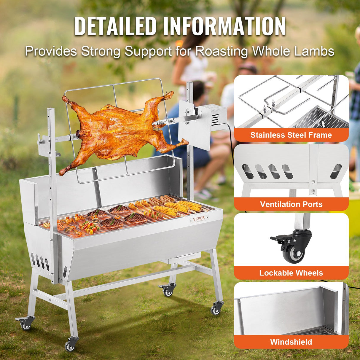 Rotisserie Grill with Windscreen, BBQ Whole Pig Lamb Goat Charcoal Spit Grill, 35 Inch 90 Lbs Capacity, Electric 42W Motor Stainless Steel Roaster with Lockable Wheels, for Camping Outdoor