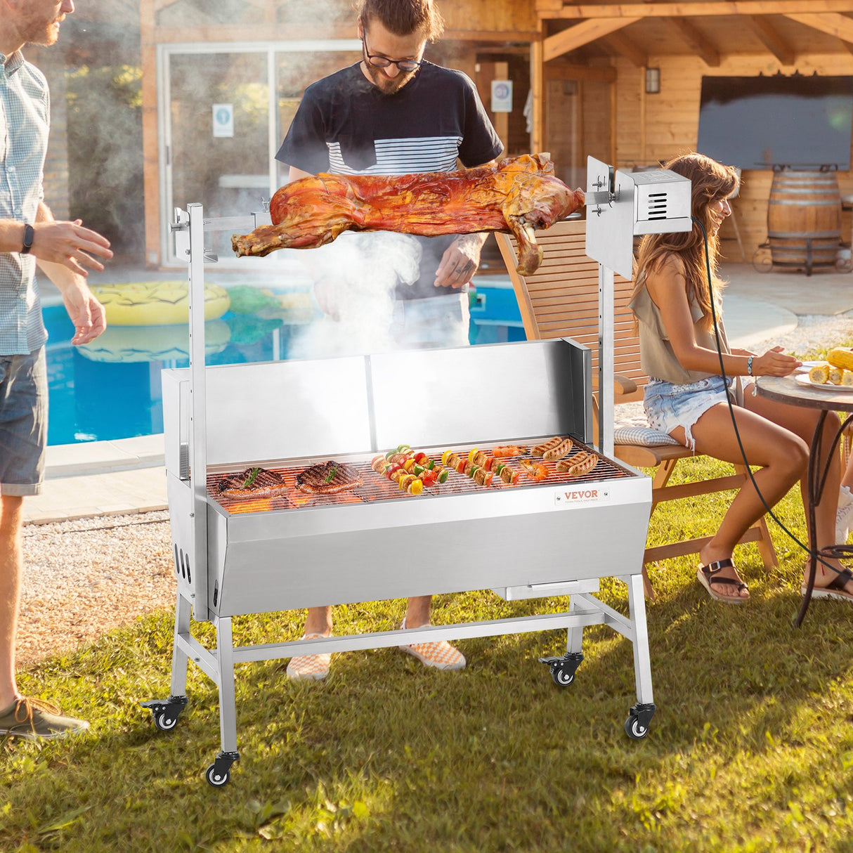 Rotisserie Grill with Windscreen, BBQ Whole Pig Lamb Goat Charcoal Spit Grill, 35 Inch 90 Lbs Capacity, Electric 42W Motor Stainless Steel Roaster with Lockable Wheels, for Camping Outdoor